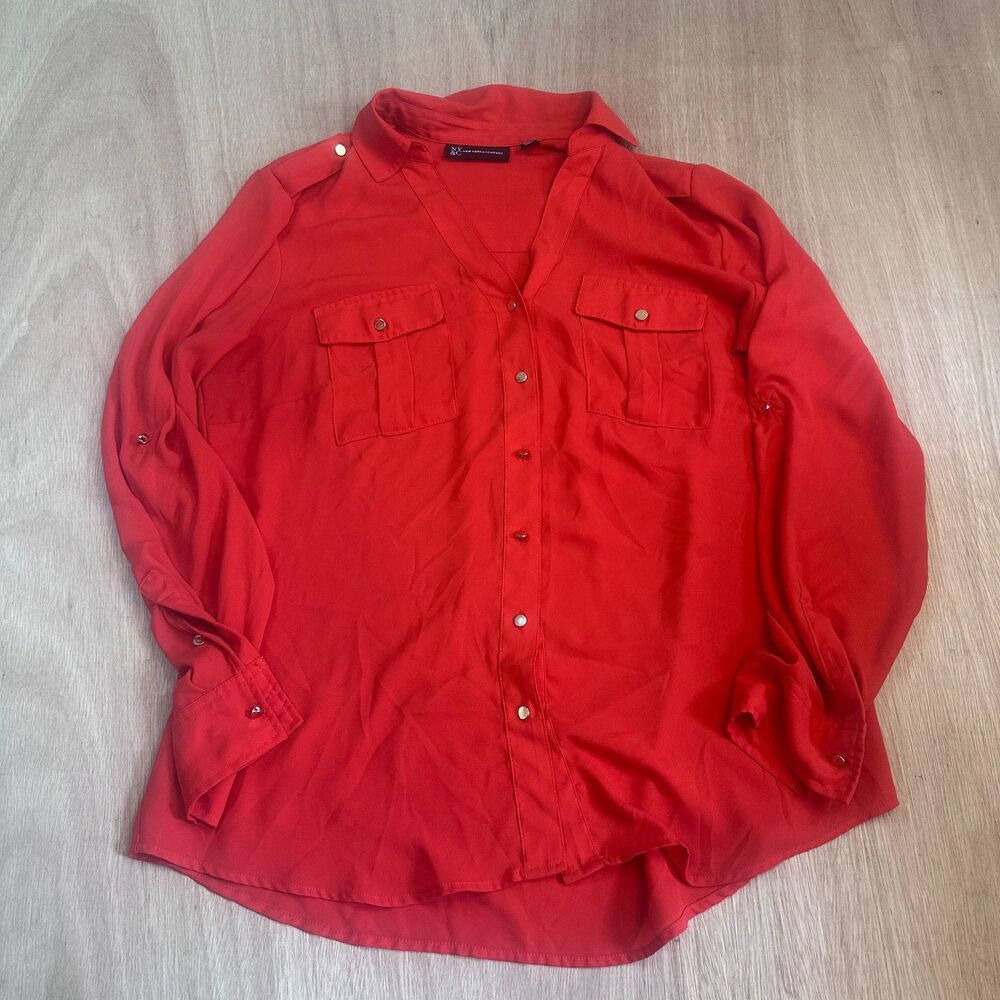 New York & Company Coral Blouse Womens M Gold Button Down Long Sleeve